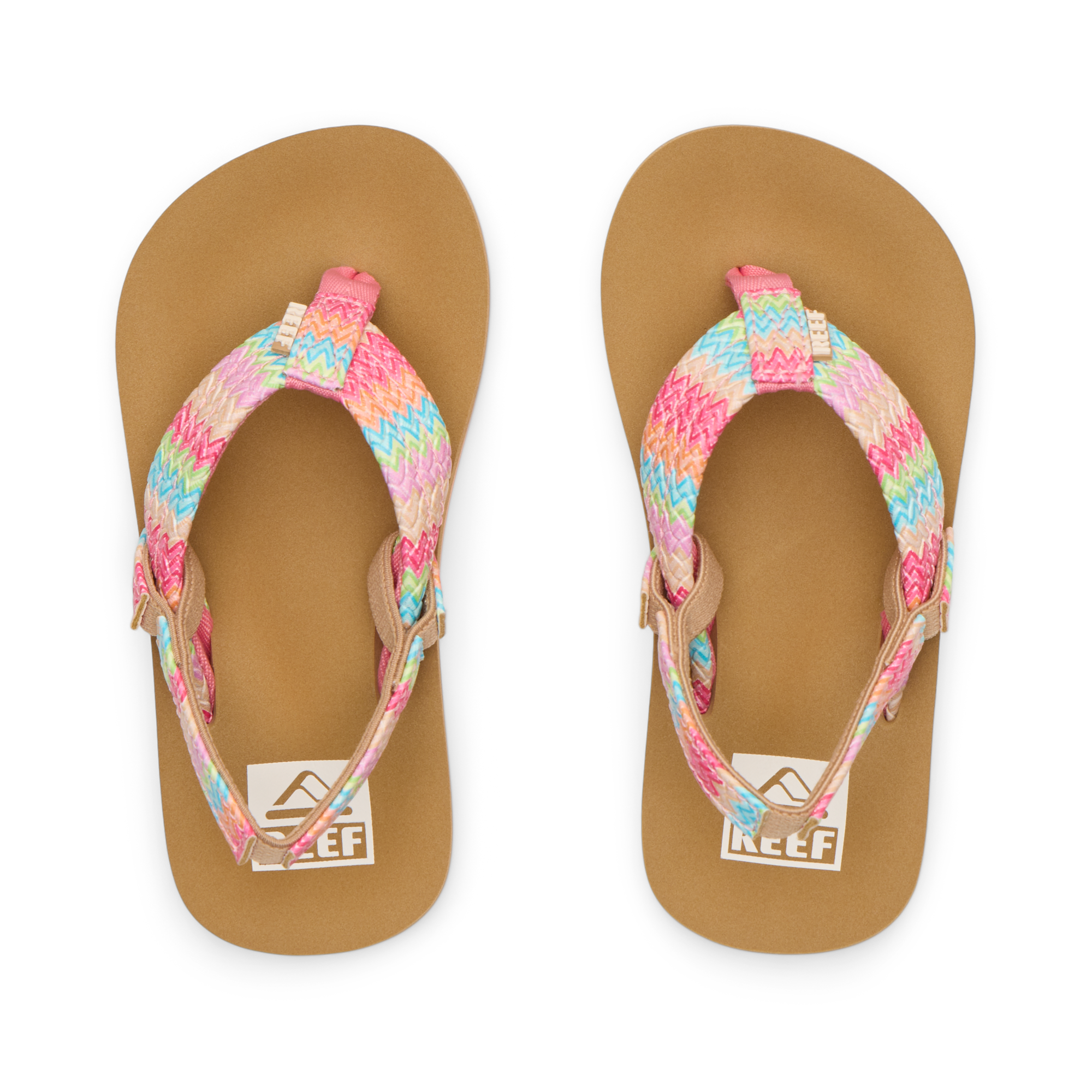 Little Ahi sandals top view facing upward, featuring pink multicolor straps and comfort-focused beach design for girls.