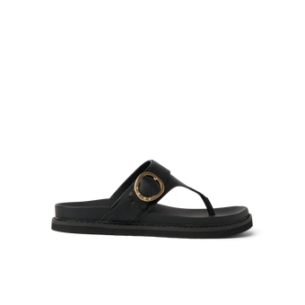 Black sandal facing left with a buckle strap, cushioned footbed, and durable textured sole