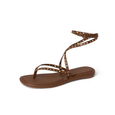 Willow Quinn Studs sandal in brown facing right, close-up on straps with comfort cushioning and arch support.