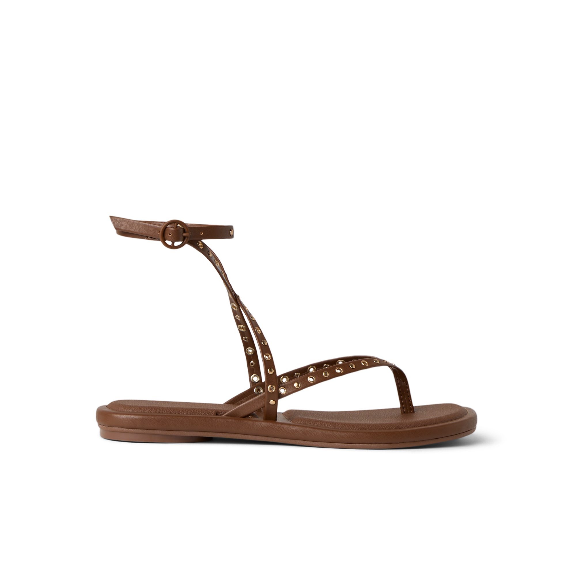 Willow Quinn Studs sandal in chocolate facing right, ankle strap with studs, soft cushioned sole for beach comfort.