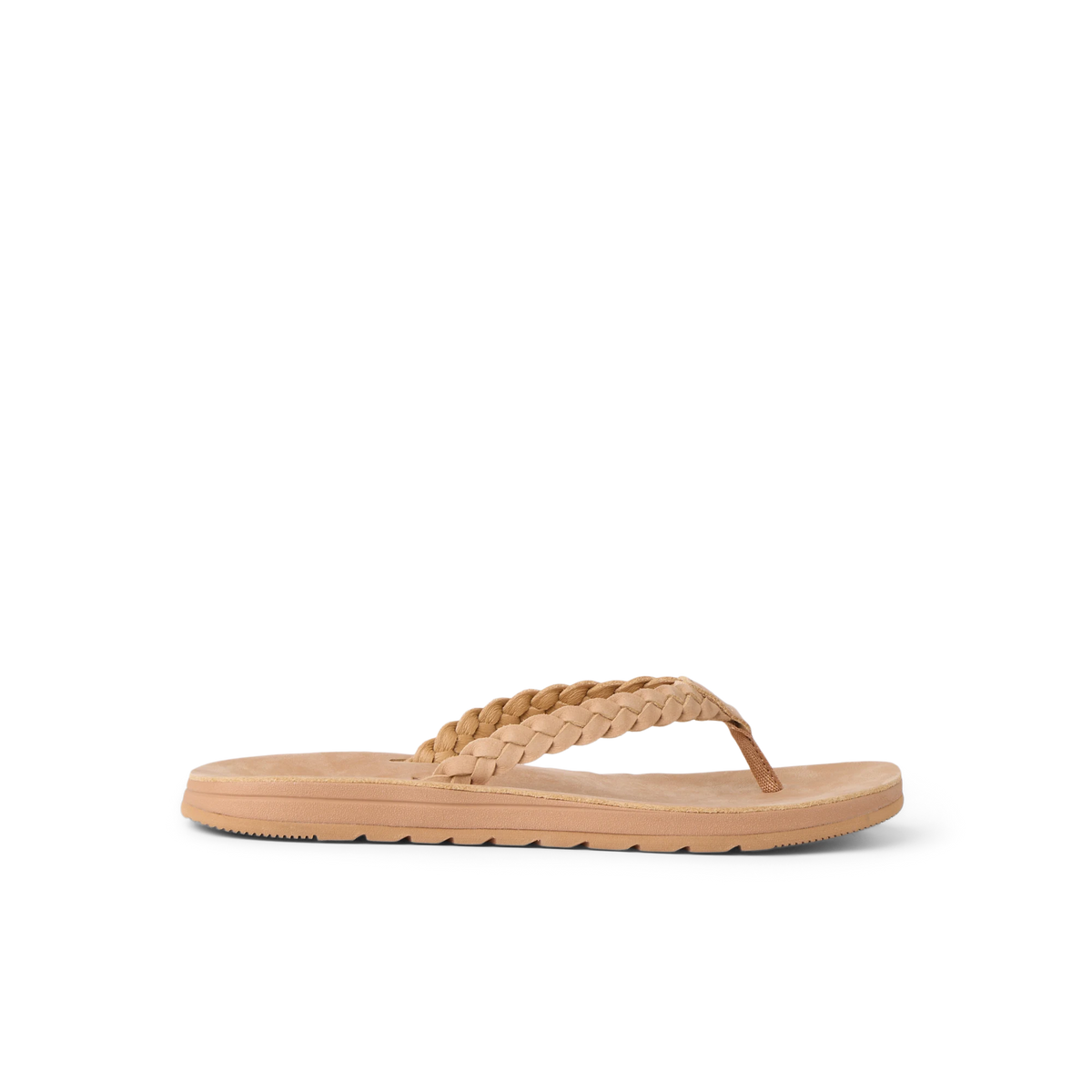 Playa Bella braided leather flip flop facing right with cushioned footbed and arch support