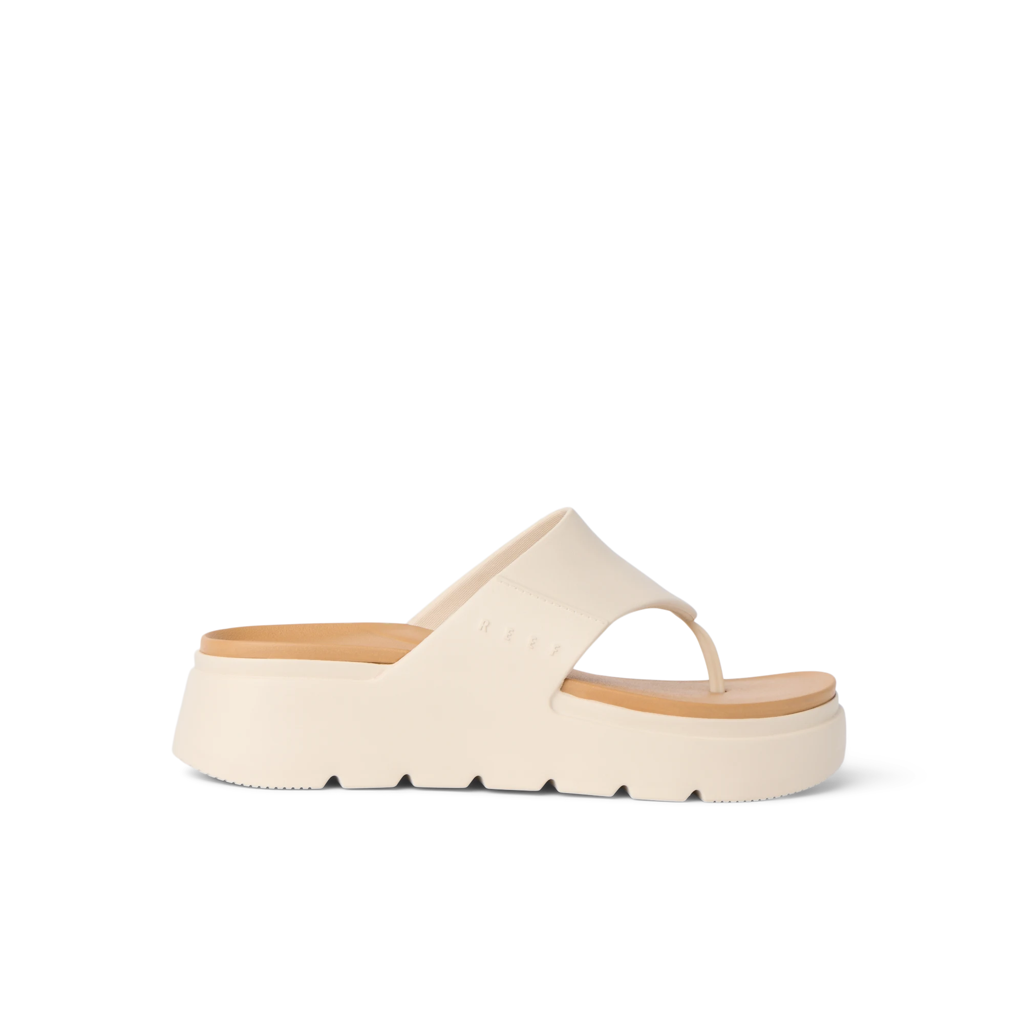 Side view of the white Cali Laguna platform sandal showcasing extra cushion and enhanced arch support for beach comfort.