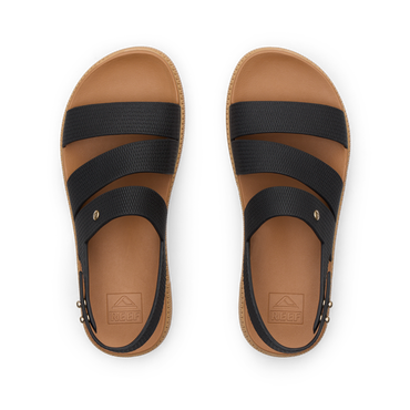 Water Vista Higher 2 women's black and tan sandals top view, facing up, with anatomical arch support and soft cushioning.
