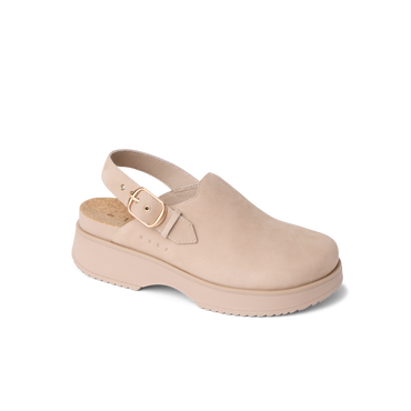 Vista Skye Rosa beige clog facing left with adjustable backstrap, plush lining, and durable sole for all-day comfort.
