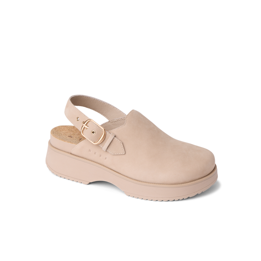 Vista Skye Rosa beige clog facing left with adjustable backstrap, plush lining, and durable sole for all-day comfort.