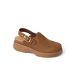 Vista Skye Rosa clog facing left with adjustable backstrap, brown suede, designed for comfort and beach-inspired wear.