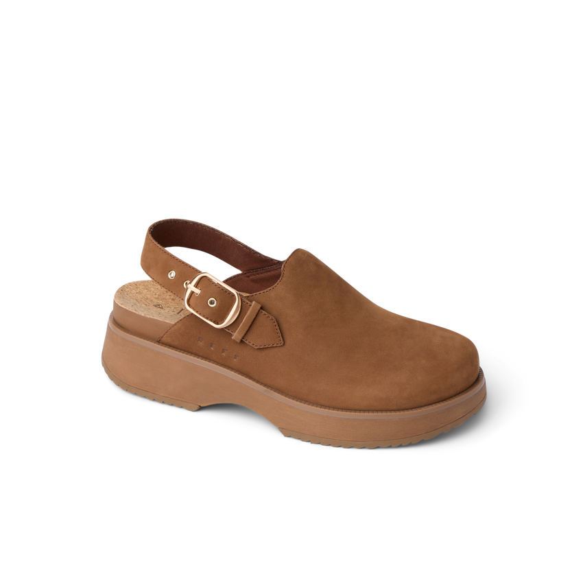 Vista Skye Rosa clog facing left with adjustable backstrap, brown suede, designed for comfort and beach-inspired wear.