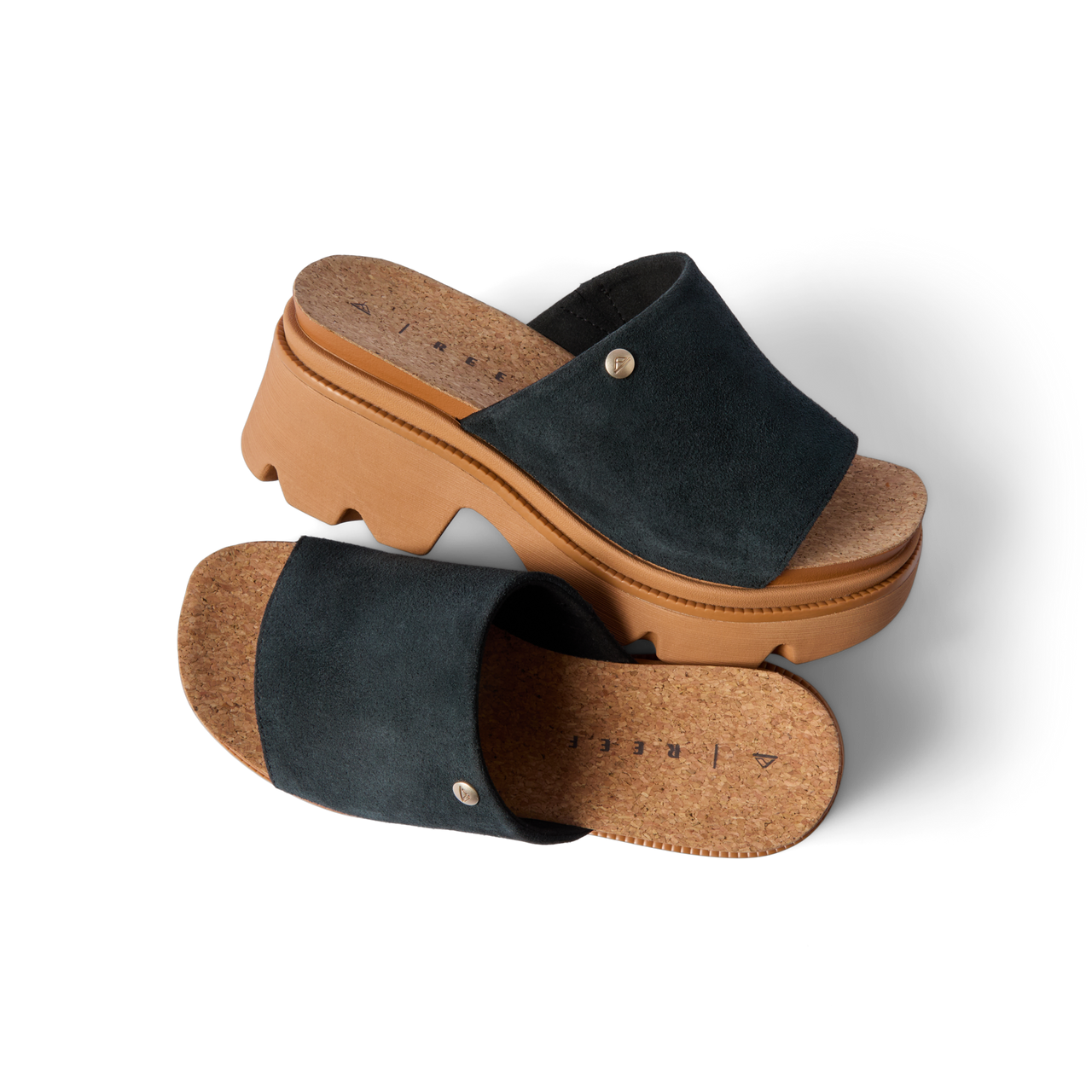 Vista Luxe Evie black suede platform sandals with right shoe facing left, showcasing arch support and cork footbed detail.