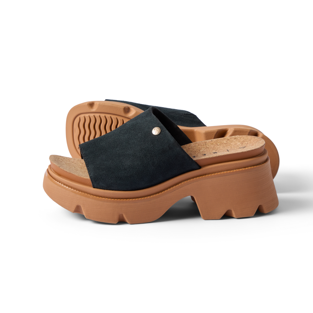 Vista Luxe Evie women's black mule sandals side-facing right, platform sole, suede upper with arch support and cushioning.