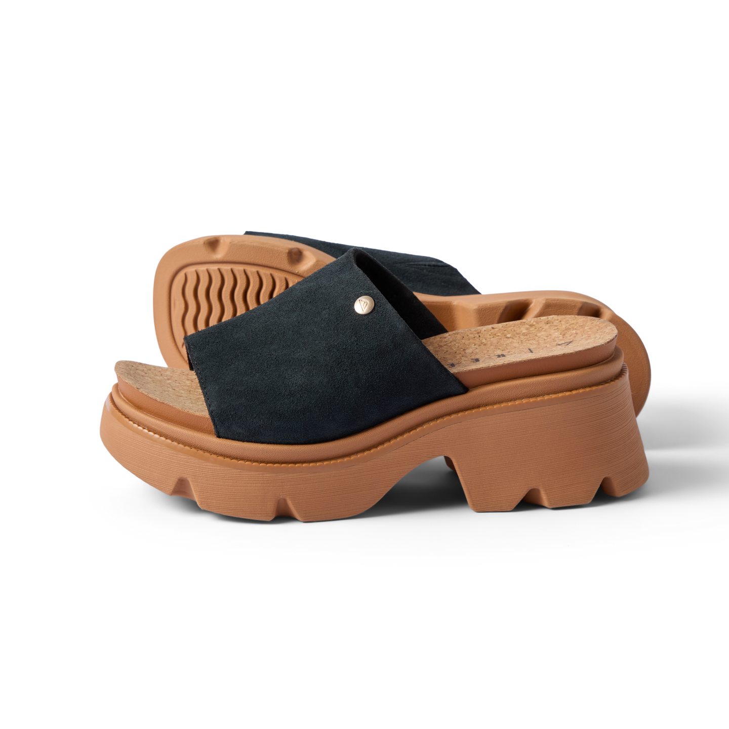Vista Luxe Evie women's black mule sandals side-facing right, platform sole, suede upper with arch support and cushioning.