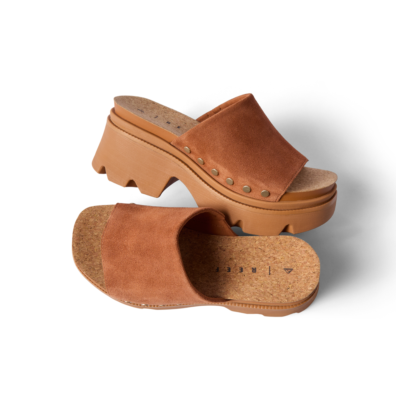 Vista Luxe Evie platform sandals in brown suede, left shoe side view and right shoe top view, beach-inspired comfort design.