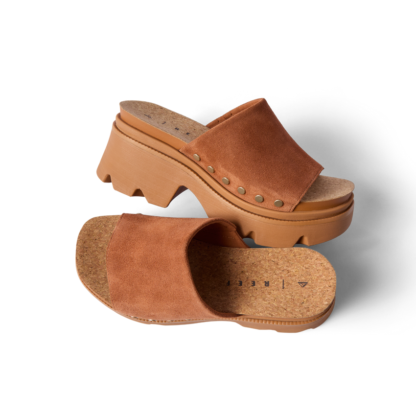 Vista Luxe Evie platform sandals in brown suede, left shoe side view and right shoe top view, beach-inspired comfort design.