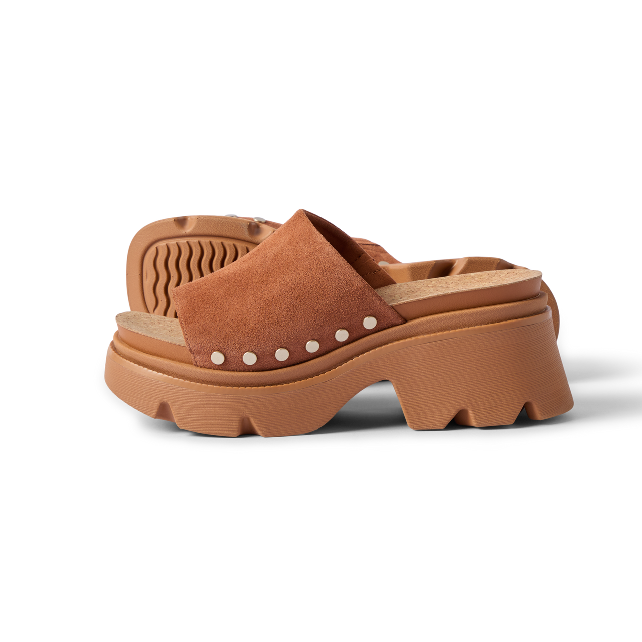 Vista Luxe Evie facing left, close-up on side showing brown suede platform sandal with stud accents and arch support.