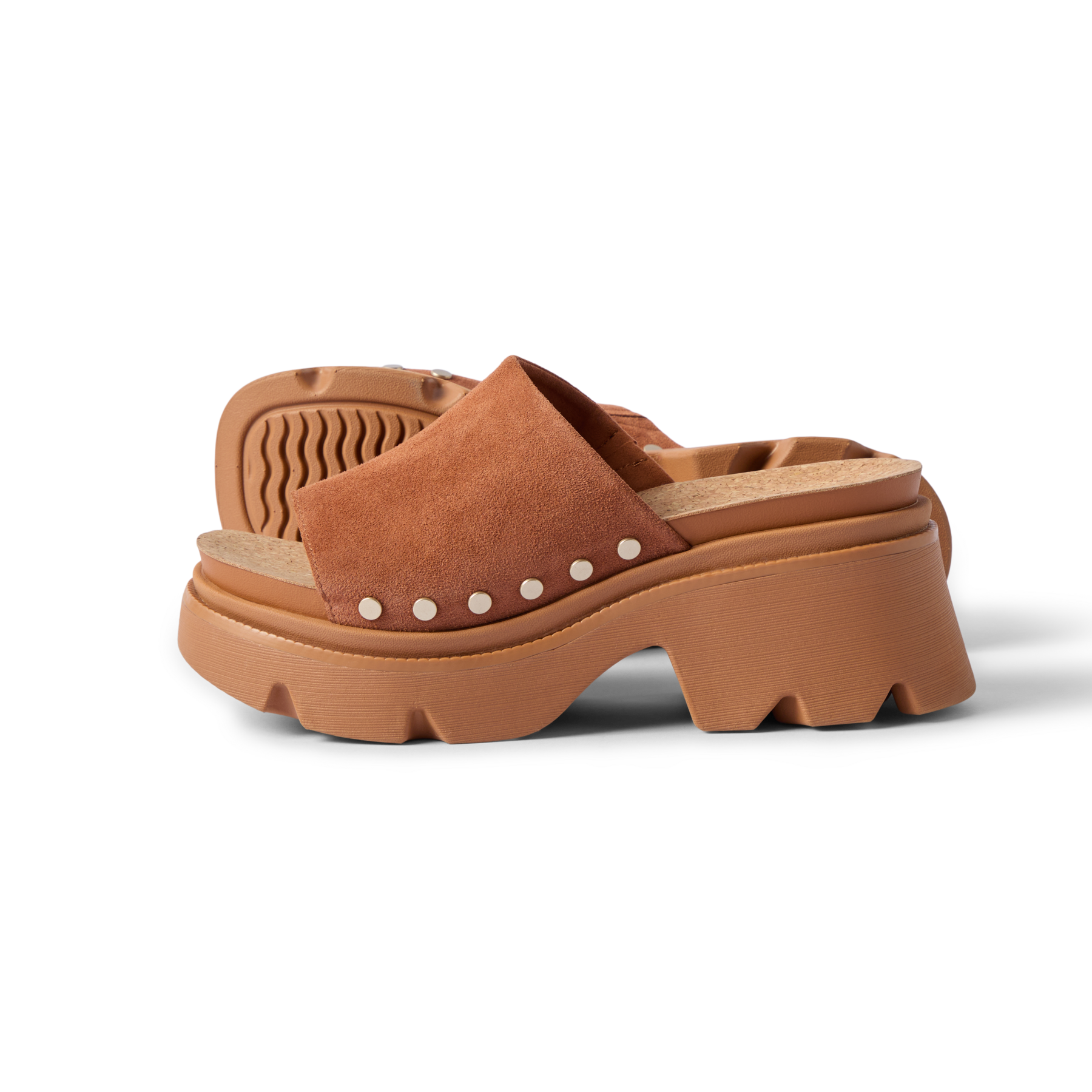 Vista Luxe Evie facing left, close-up on side showing brown suede platform sandal with stud accents and arch support.
