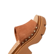 Vista Luxe Evie facing right, close-up of brown suede upper and platform sandal sole with studs, comfort-focused design.
