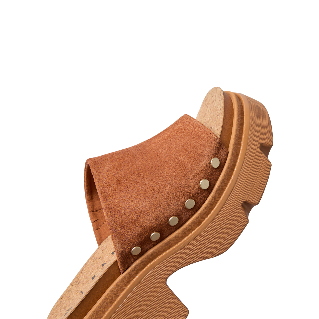 Vista Luxe Evie facing right, close-up of brown suede upper and platform sandal sole with studs, comfort-focused design.