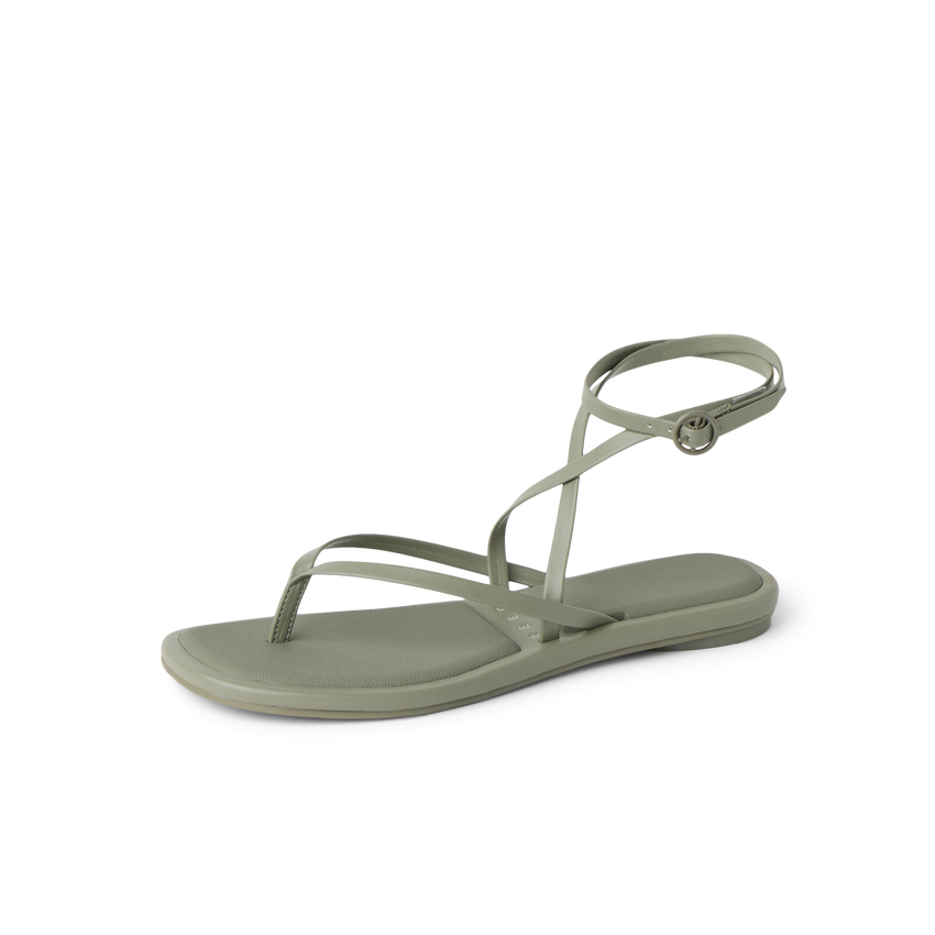 Willow Quinn women's sandal in muted green with thin straps and ankle buckle for everyday comfort and style