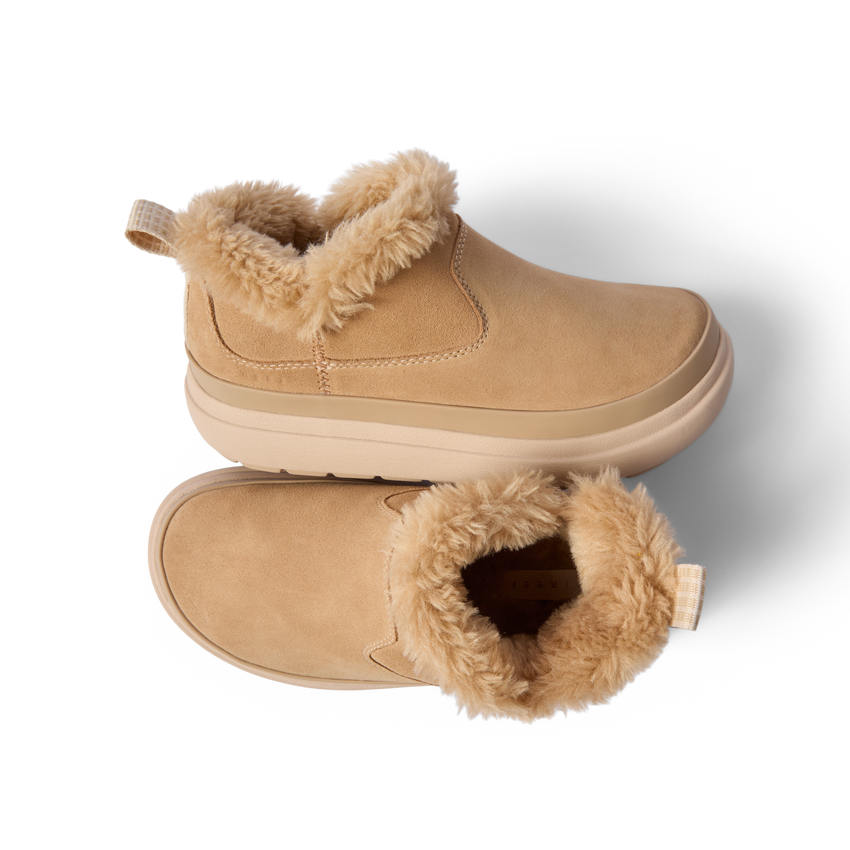 Top and side views of Weekend Olivia women's shoes with plush faux fur lining and water-resistant nubuck in tan color