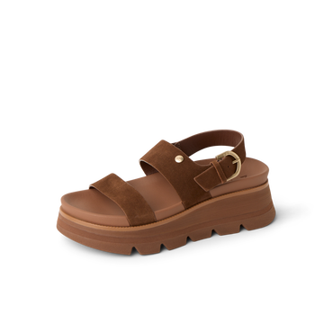 Vista Luxe Liah facing right, women's brown suede platform sandal with adjustable back strap and cushioned arch support for comfort