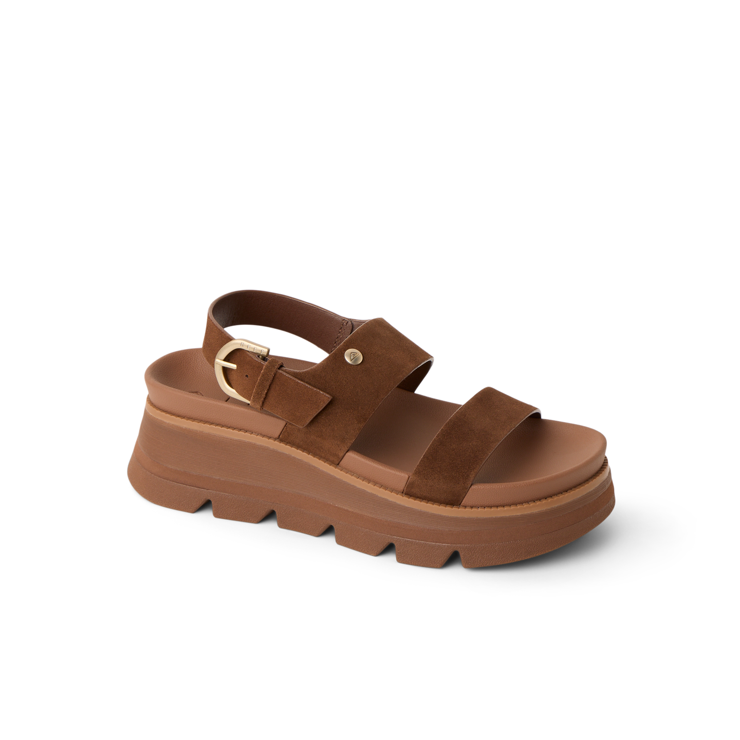 Vista Luxe Liah facing left, women's brown suede platform sandal with adjustable back strap and cushioned arch support for comfort