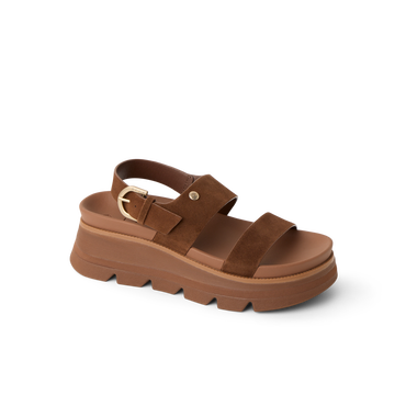 Vista Luxe Liah facing left, women's brown suede platform sandal with adjustable back strap and cushioned arch support for comfort