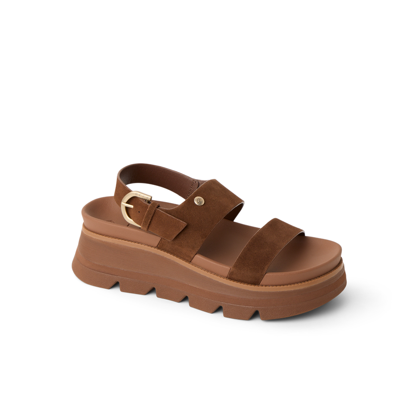 Vista Luxe Liah facing left, women's brown suede platform sandal with adjustable back strap and cushioned arch support for comfort