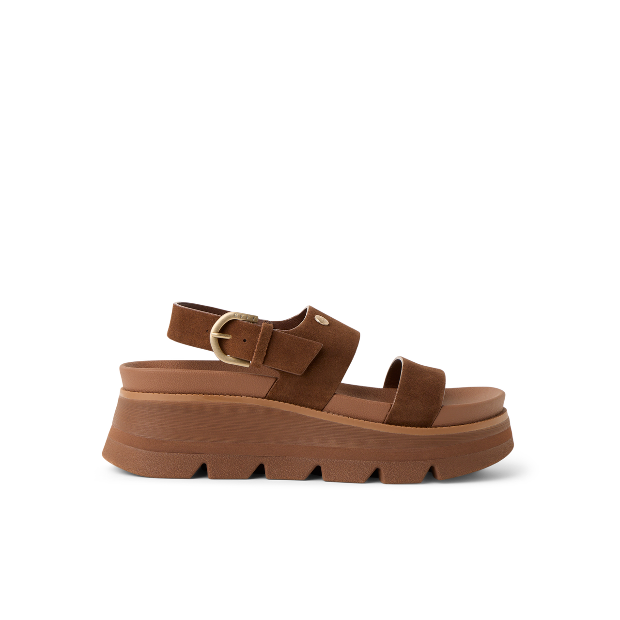 Vista Luxe Liah facing left, women's brown suede platform sandal with adjustable back strap and cushioned arch support for comfort