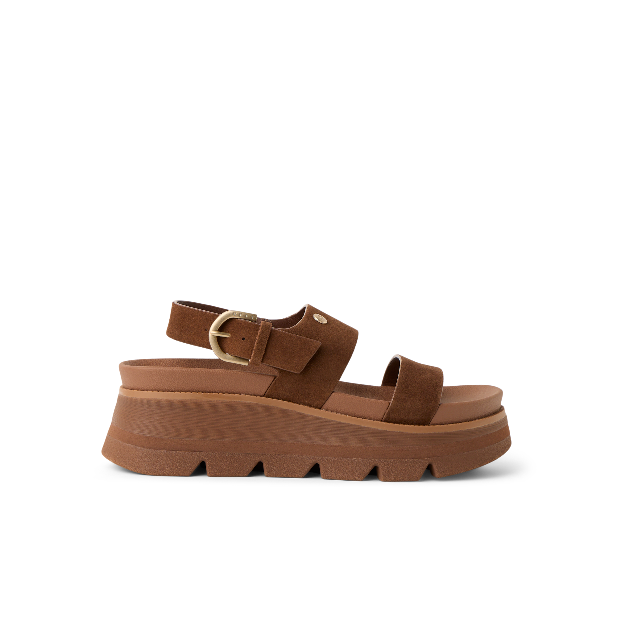 Vista Luxe Liah facing left, women's brown suede platform sandal with adjustable back strap and cushioned arch support for comfort