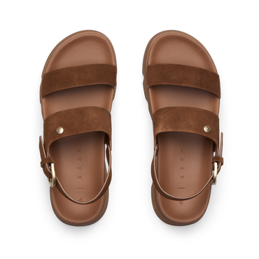 Vista Luxe Liah top view, women's brown suede platform sandals with adjustable back strap and anatomically cushioned footbed for comfort