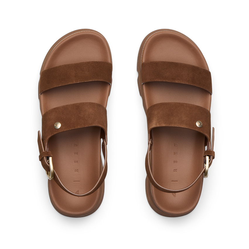 Vista Luxe Liah top view, women's brown suede platform sandals with adjustable back strap and anatomically cushioned footbed for comfort