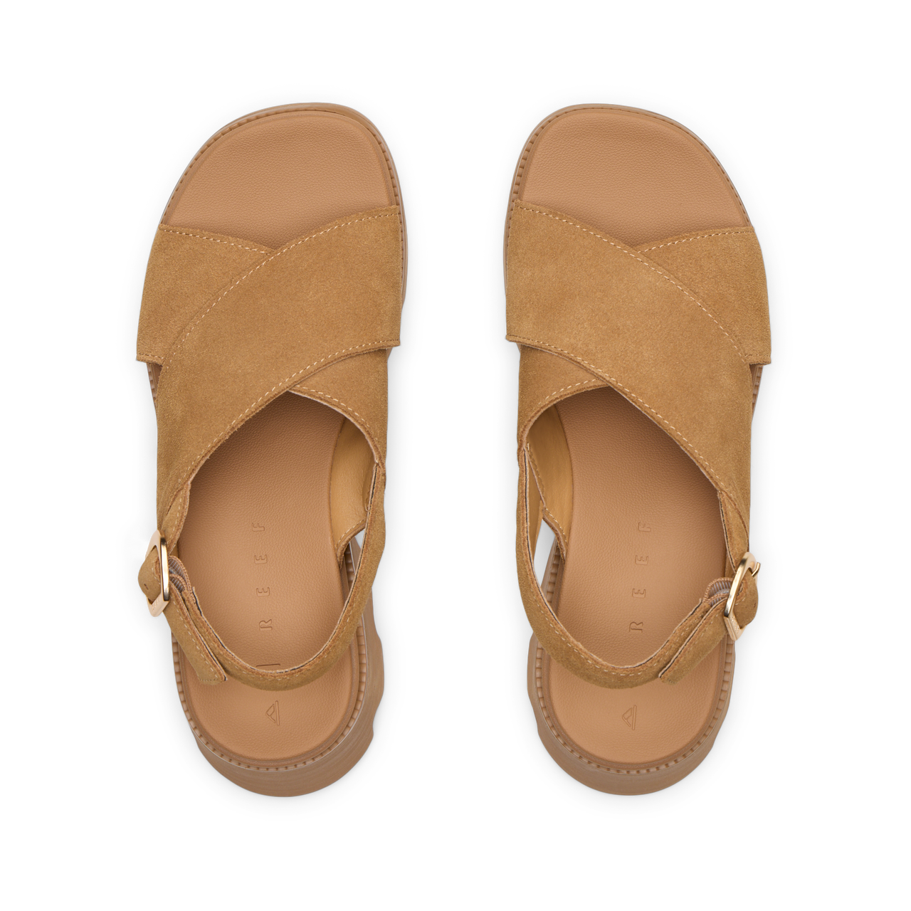 Top view of tan suede Vista Luxe Ava sandals facing up, featuring adjustable straps and cushioned footbeds for arch support.