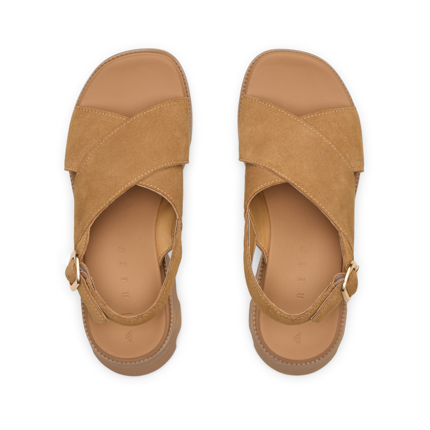 Top view of tan suede Vista Luxe Ava sandals facing up, featuring adjustable straps and cushioned footbeds for arch support.