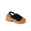 Vista Luxe Ava sandal facing left, featuring black suede crisscross straps and tan cushioned platform sole, arch support style.