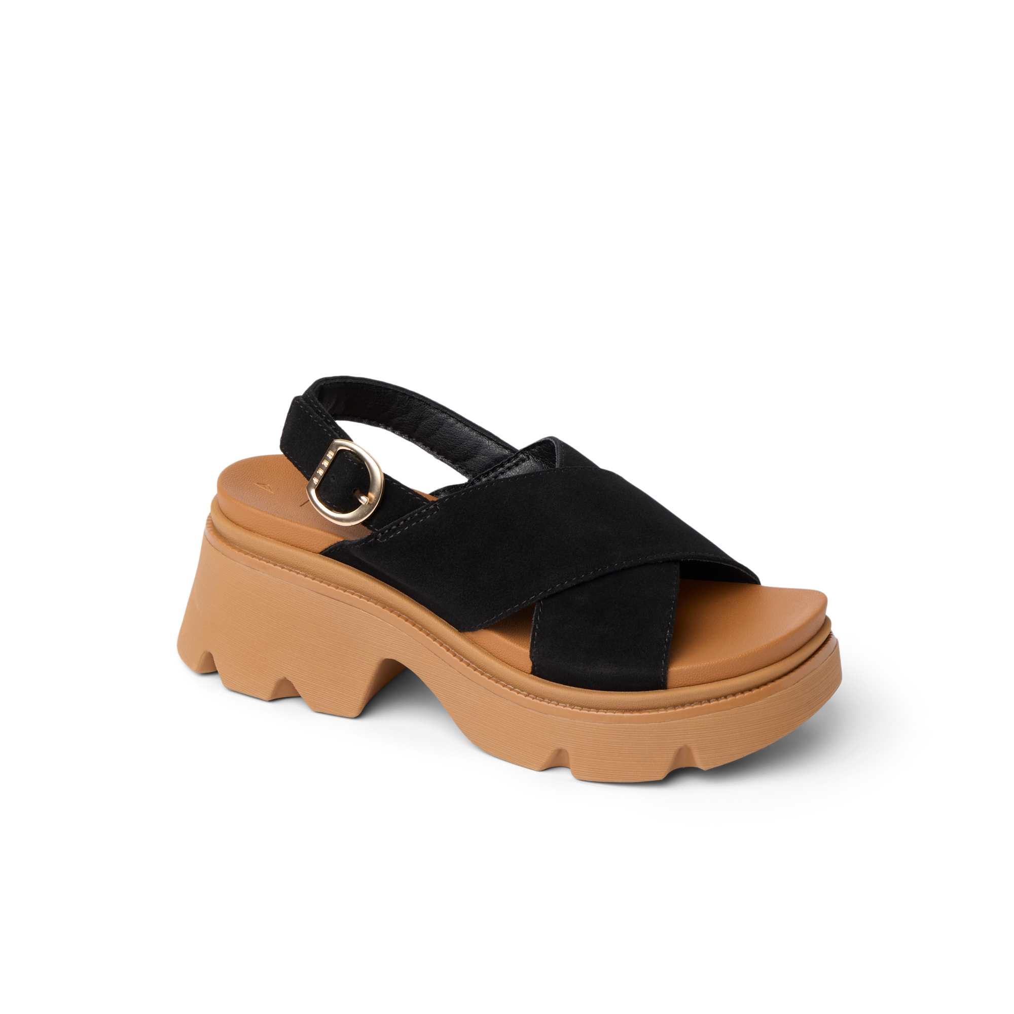 Vista Luxe Ava sandal facing left, featuring black suede crisscross straps and tan cushioned platform sole, arch support style.
