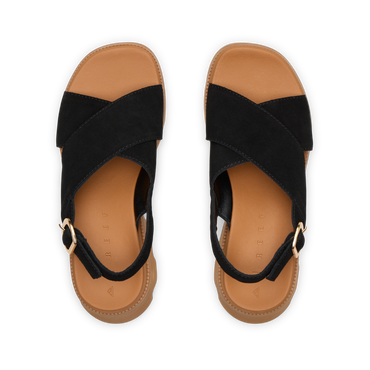 Pair of black Vista Luxe Ava sandals top view showing crossover strap and ankle buckle, designed for comfort and beach style.