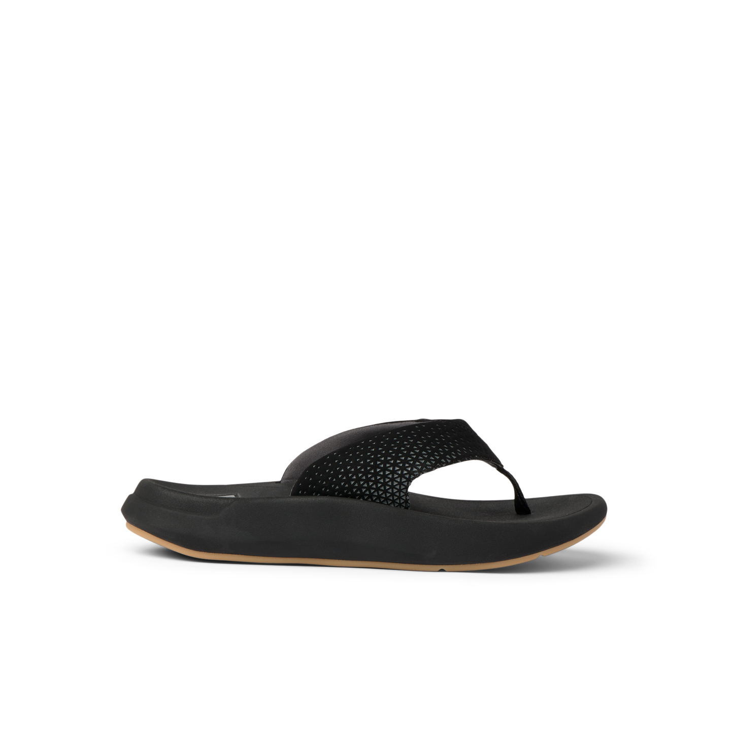 Rover + right-facing sandal with black perforated straps, cushioned footbed, and durable outsole for beach comfort.