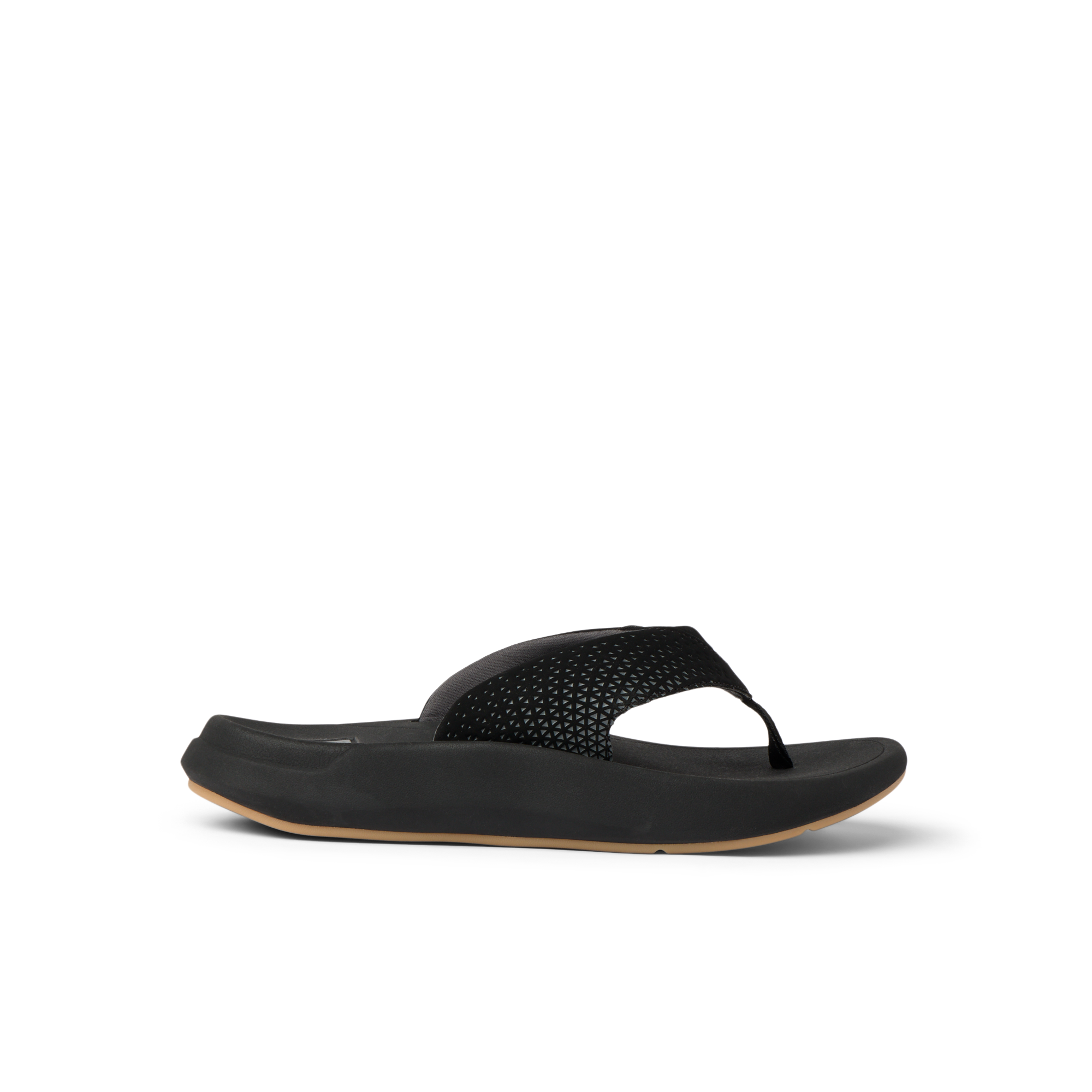 Rover + right-facing sandal with black perforated straps, cushioned footbed, and durable outsole for beach comfort.