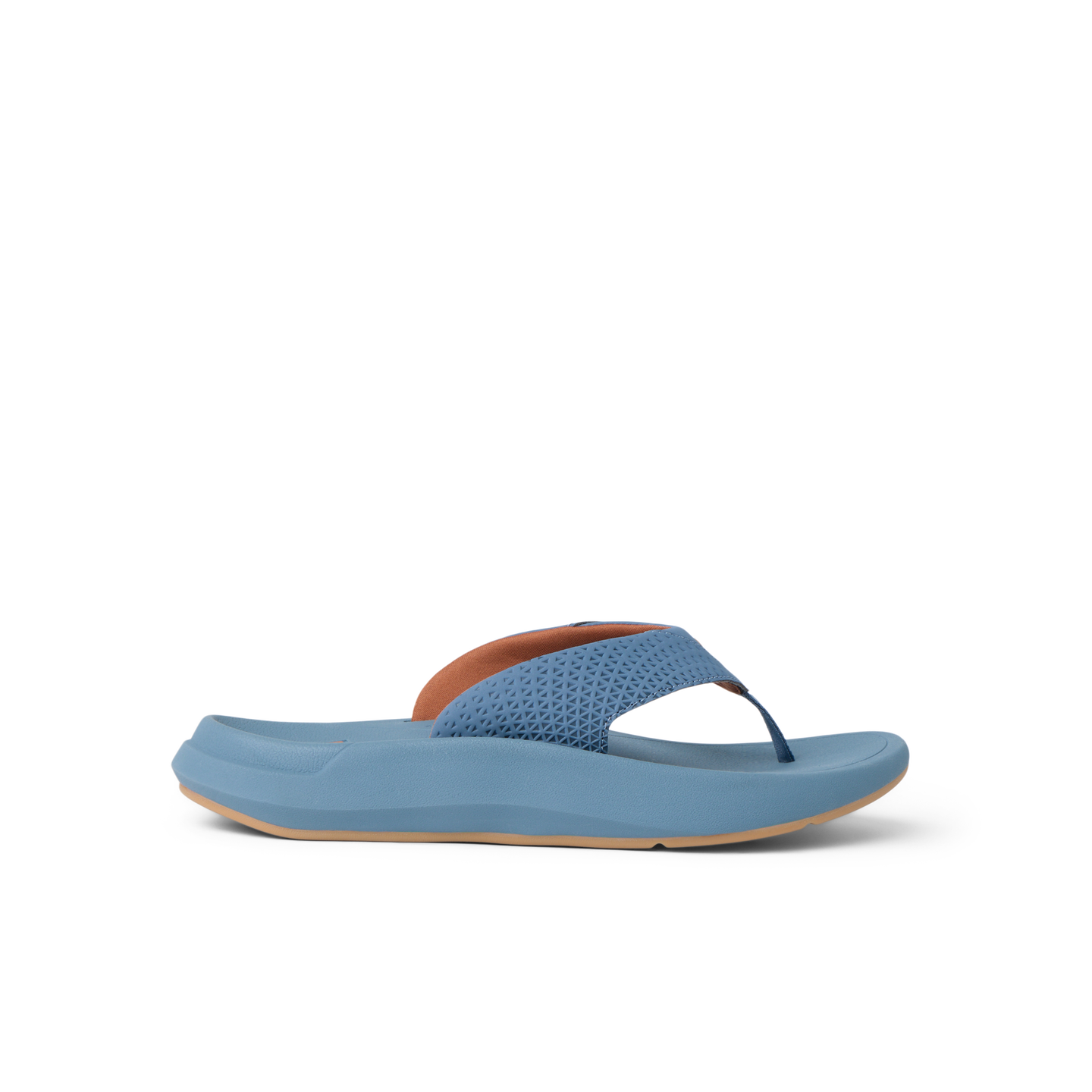 Side view of Rover + blue flip flop sandal with anatomical arch support and soft cushioning, designed for beach comfort.