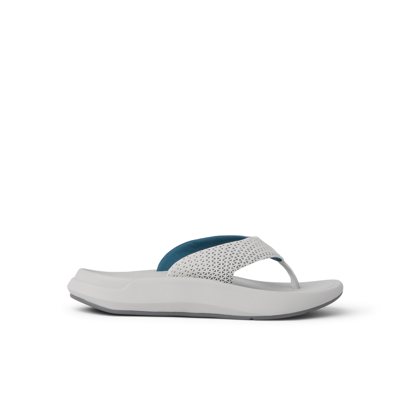 Side view of Rover + white and blue sandal with anatomical arch support and soft cushioning for beach comfort