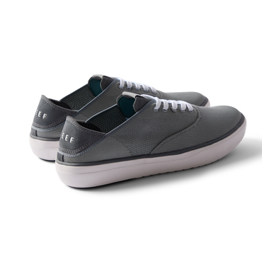 Pair of Neptune Lido men's grey sneakers facing right, showing rear and side with soft cushioning and arch support.