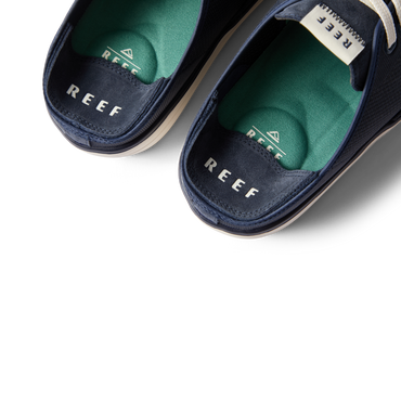 Close-up of the top front and insole of navy Neptune Lido men’s shoes facing forward with anatomical arch support.