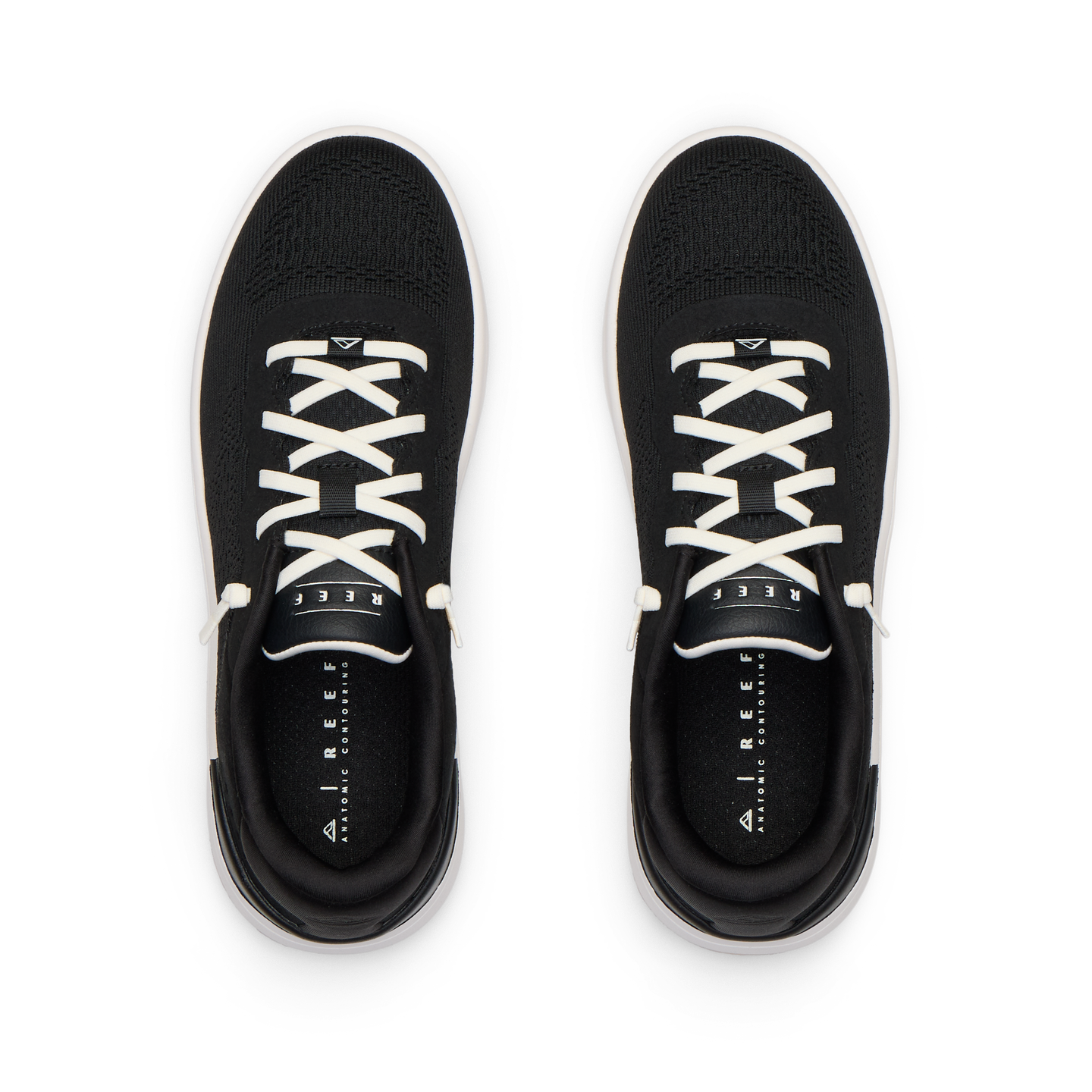 Top view of black Reef Del Mar shoes with white laces, designed for all-day comfort and beach-inspired active wear.
