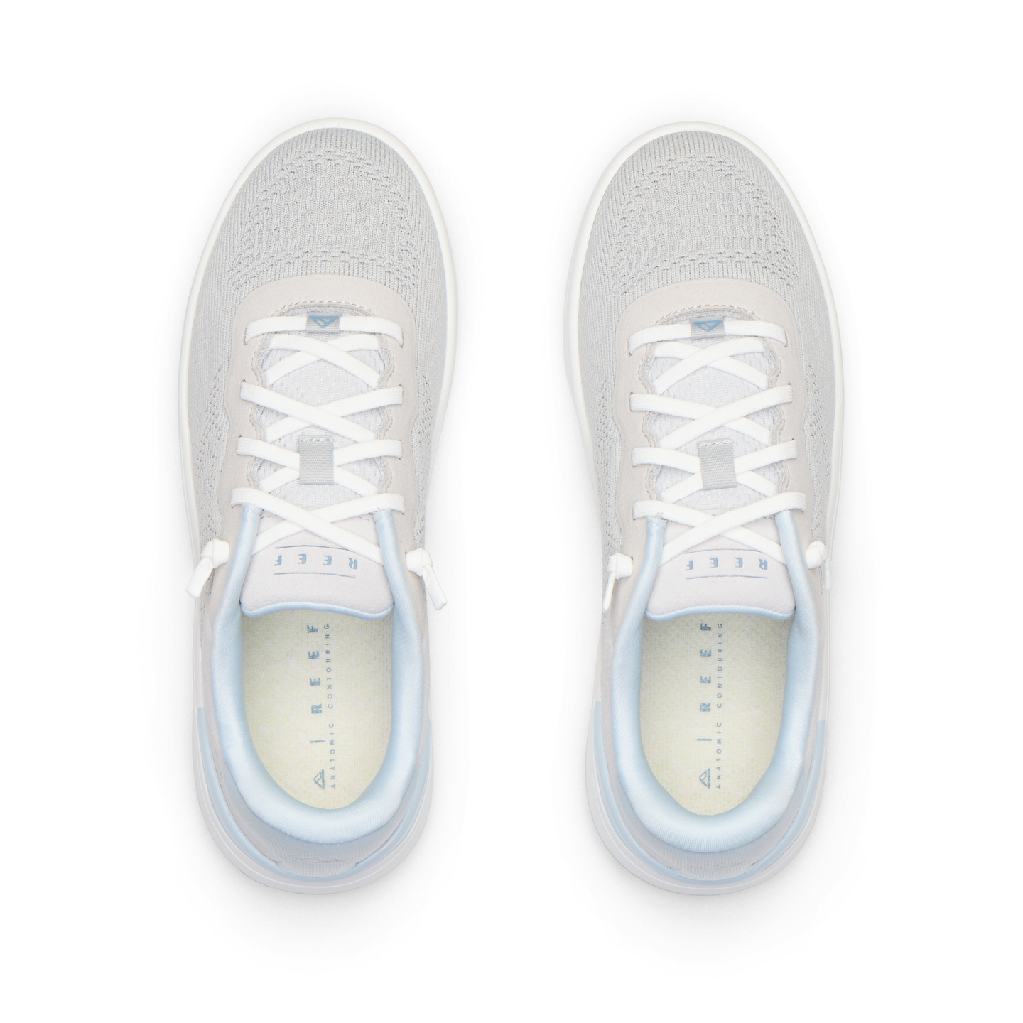 Top view of Reef Del Mar shoes in harbor grey, lightweight and water-friendly with anatomical arch support for beach comfort.