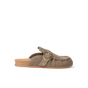 Vista Siena facing right, women's driftwood suede slip-on clog with buckle, cushioned cork footbed, and anatomical arch support
