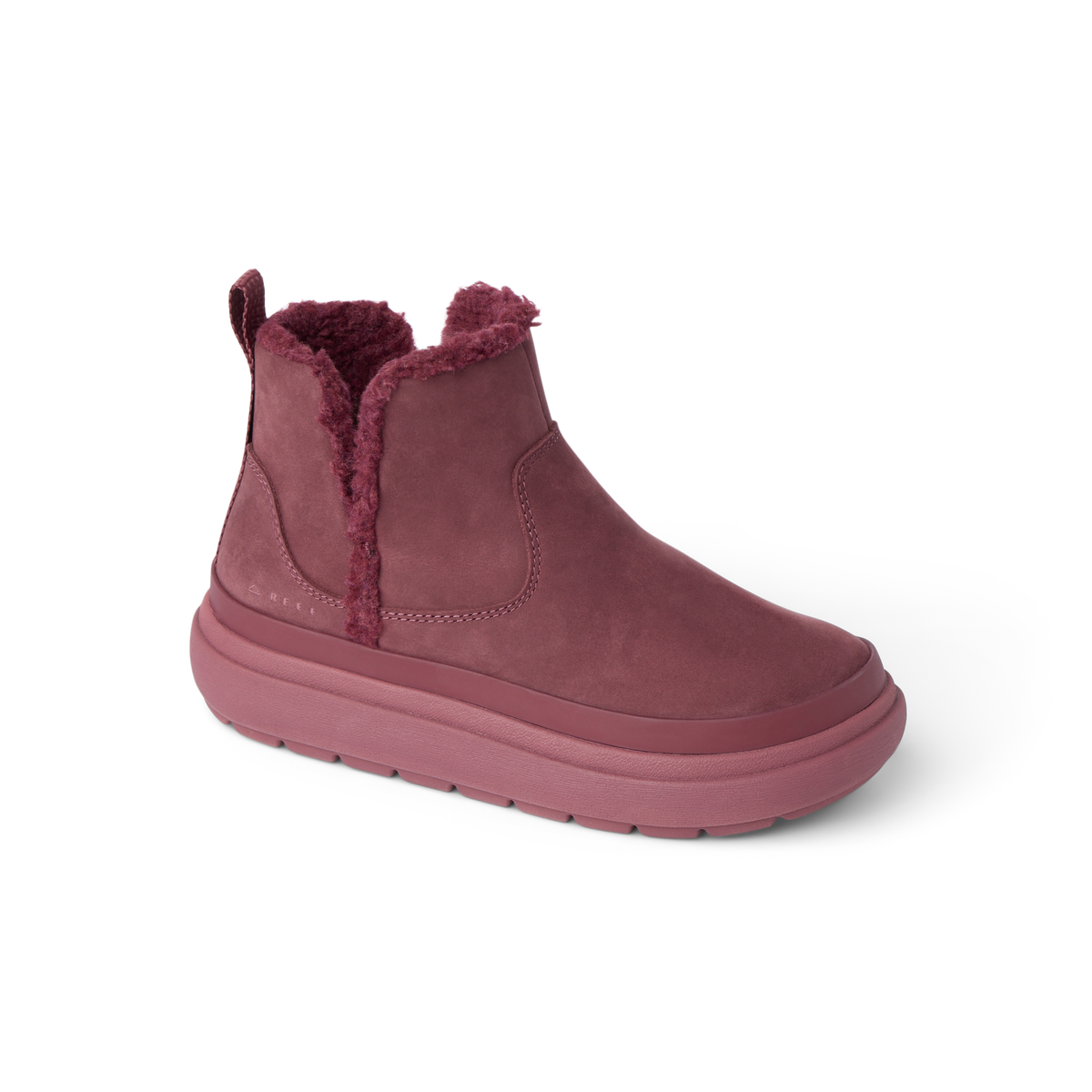 Weekend Autumn women's left-facing boot with plush collar, cushioned sole, and durable suede in deep rose color.