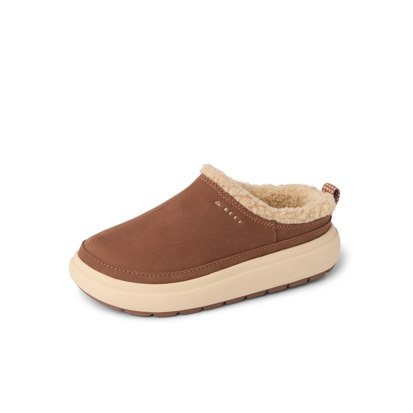 Weekend Low Brooke shoe facing left, brown leather with soft beige fleece lining, featuring arch support and cushioning