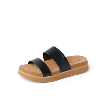 Vista Hi 2 sandal facing left with black vegan straps, cushioned cork footbed, and supportive lightweight platform sole