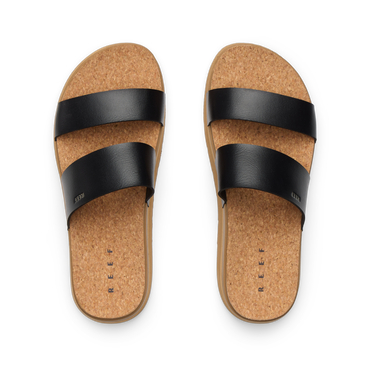 Vista Hi 2 sandals top view with black vegan straps, cushioned cork footbed, and molded arch support for all-day comfort