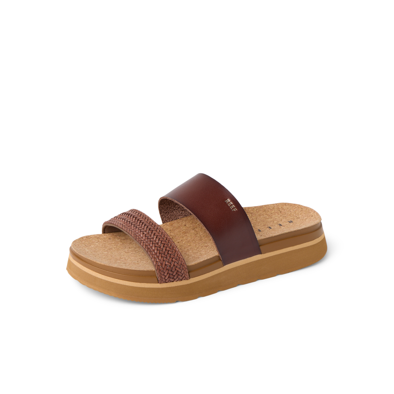 Vista Hi 2 sandal facing right, showing brown braided and smooth straps, cushioned platform, and arch support sole for comfort