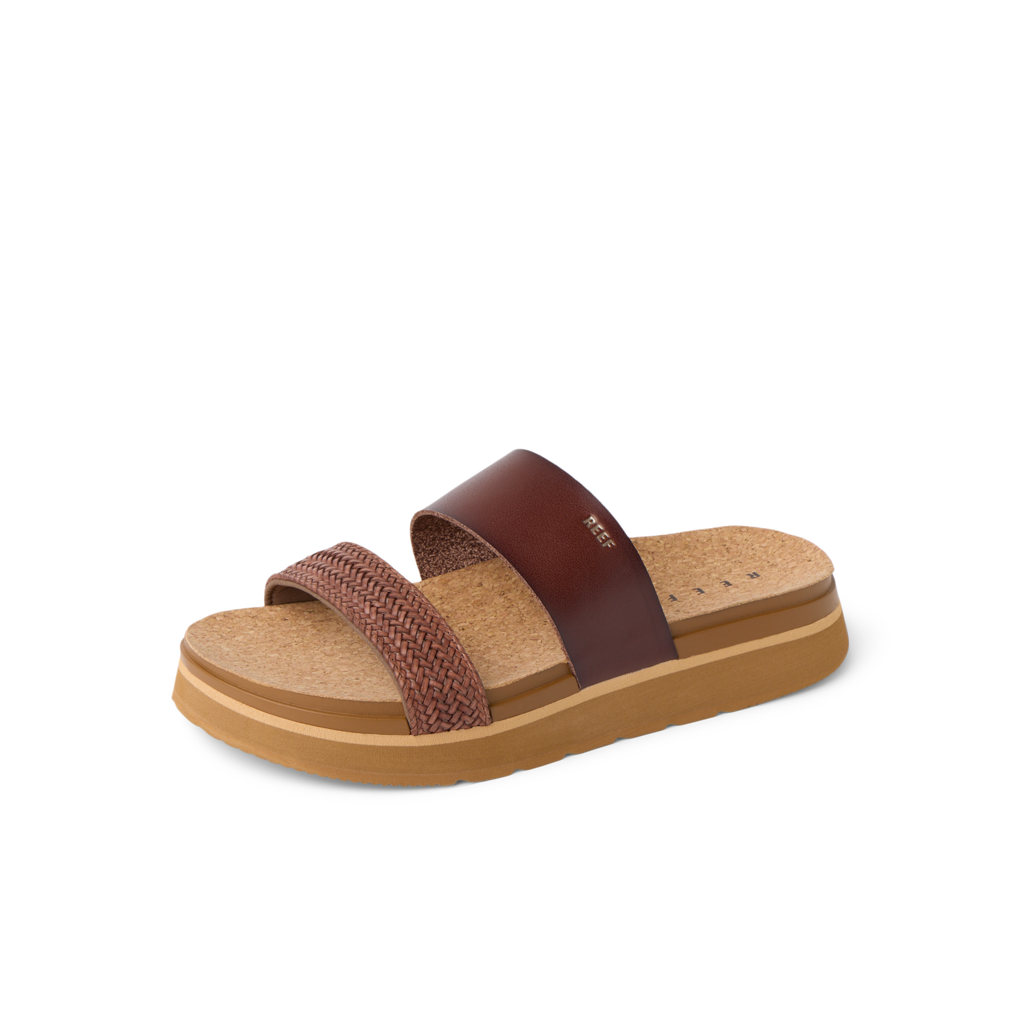 Vista Hi 2 sandal facing right, showing brown braided and smooth straps, cushioned platform, and arch support sole for comfort